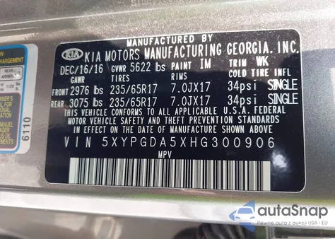 2017 Kia Sorento 3.3L Lx z USA, uszkodzony, nr VIN 5XYPGDA5XHG300906